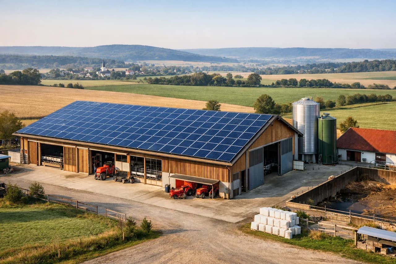 Landwirtschaftliche Halle mit großer Solaranlage auf dem Dach