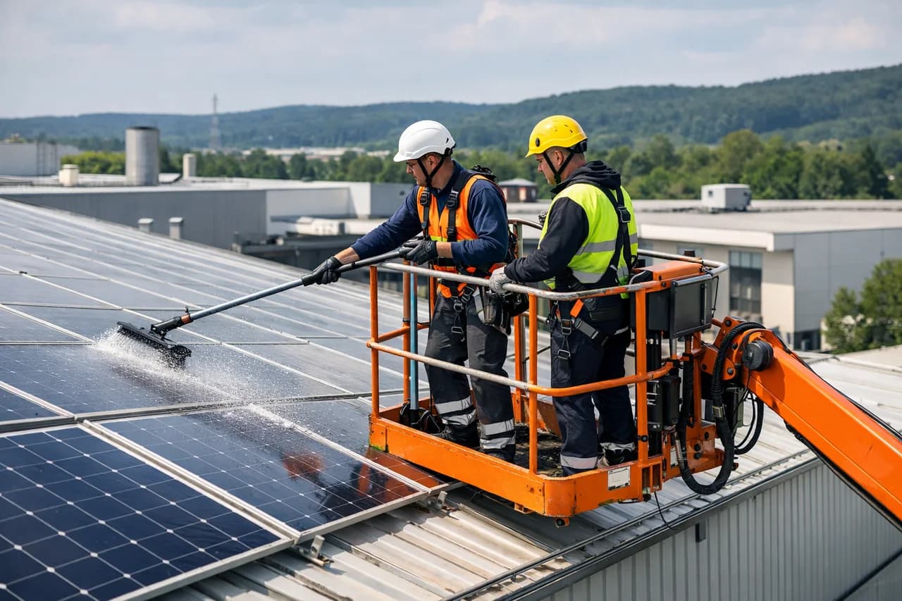Professionelle Reinigung einer Solaranlage auf einem gewerblichen Hallendach