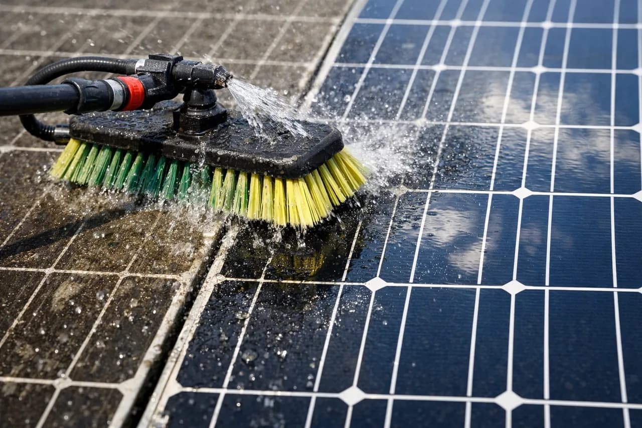 Detailaufnahme einer professionellen Solaranlagenreinigung mit sichtbarem Unterschied zwischen verschmutzter und gereinigter Modulfläche